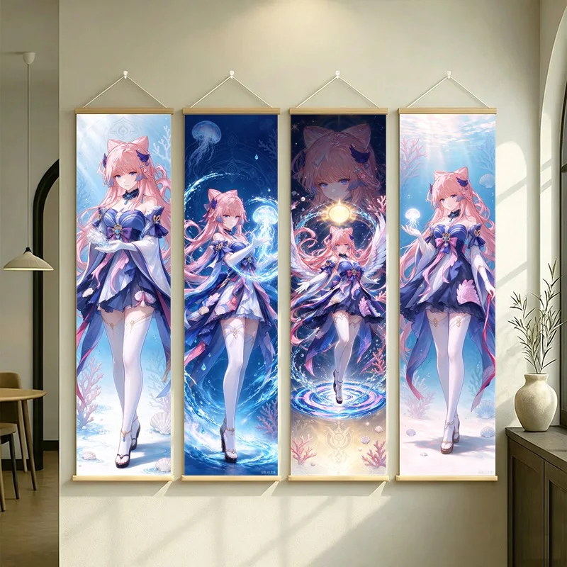 Hanging Scroll Wall Art of Genshin Impact Sangonomiya Kokomi in Pink and Blue on Silver Shimmer Canvas for an Anime Bedroom