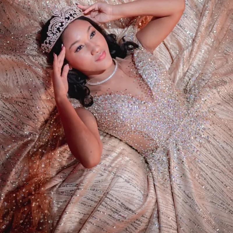 

Shiny Light Champagne Quinceanera Dress off-shoulder crystal glitter flower decal vestidos de 15 Quinceanera ﻿Customize