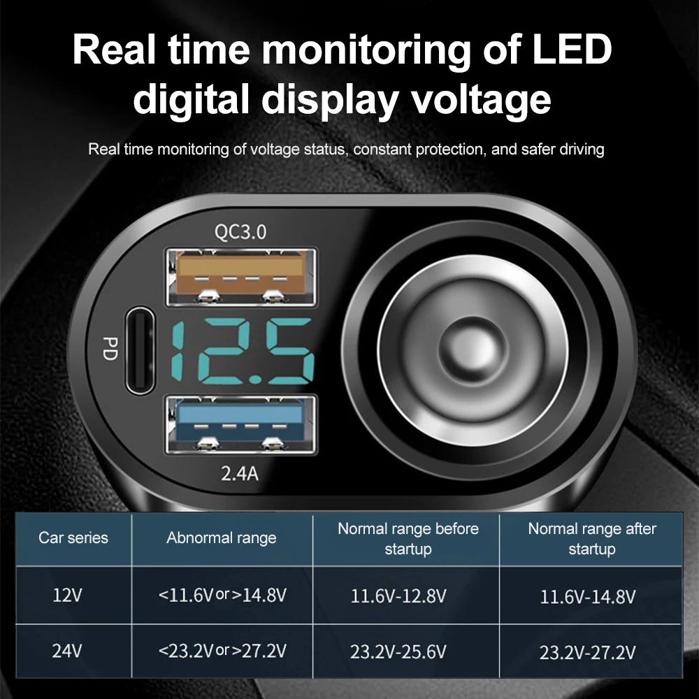 KEBIDUMEI 90 واط شاحن سيارة QC3.0 PD محول شحن سريع شواحن الهاتف مع شاشة ديجيتال ولاعة السجائر اكسسوارات السيارات