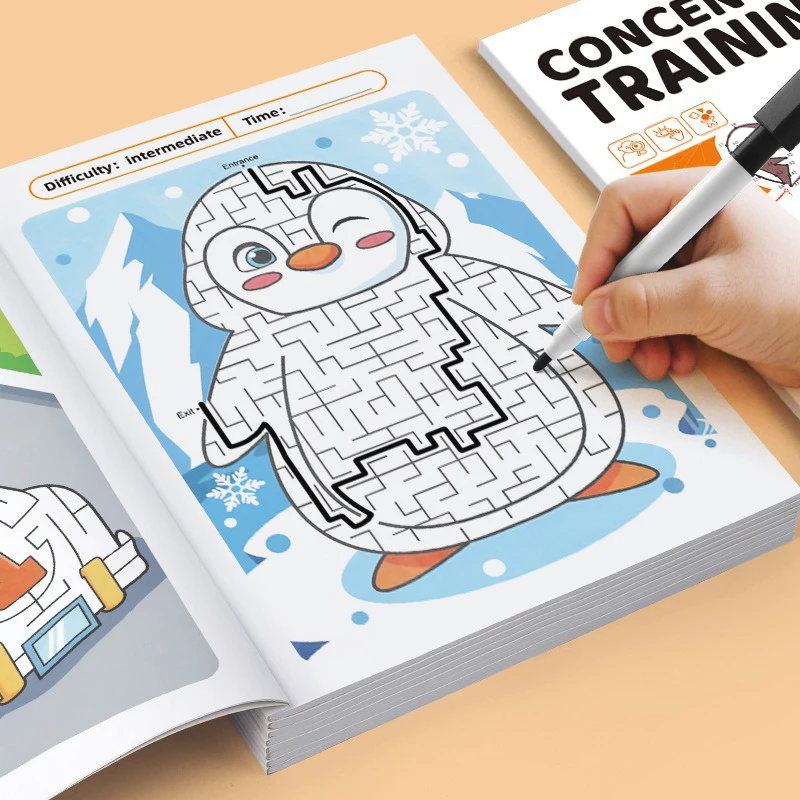 كتاب ألعاب المتاهة تعزيز التنمية المعرفية الاهتمام التدريب تركيز محدد لغز صفحات ملونة لعمر 3-8 سنوات