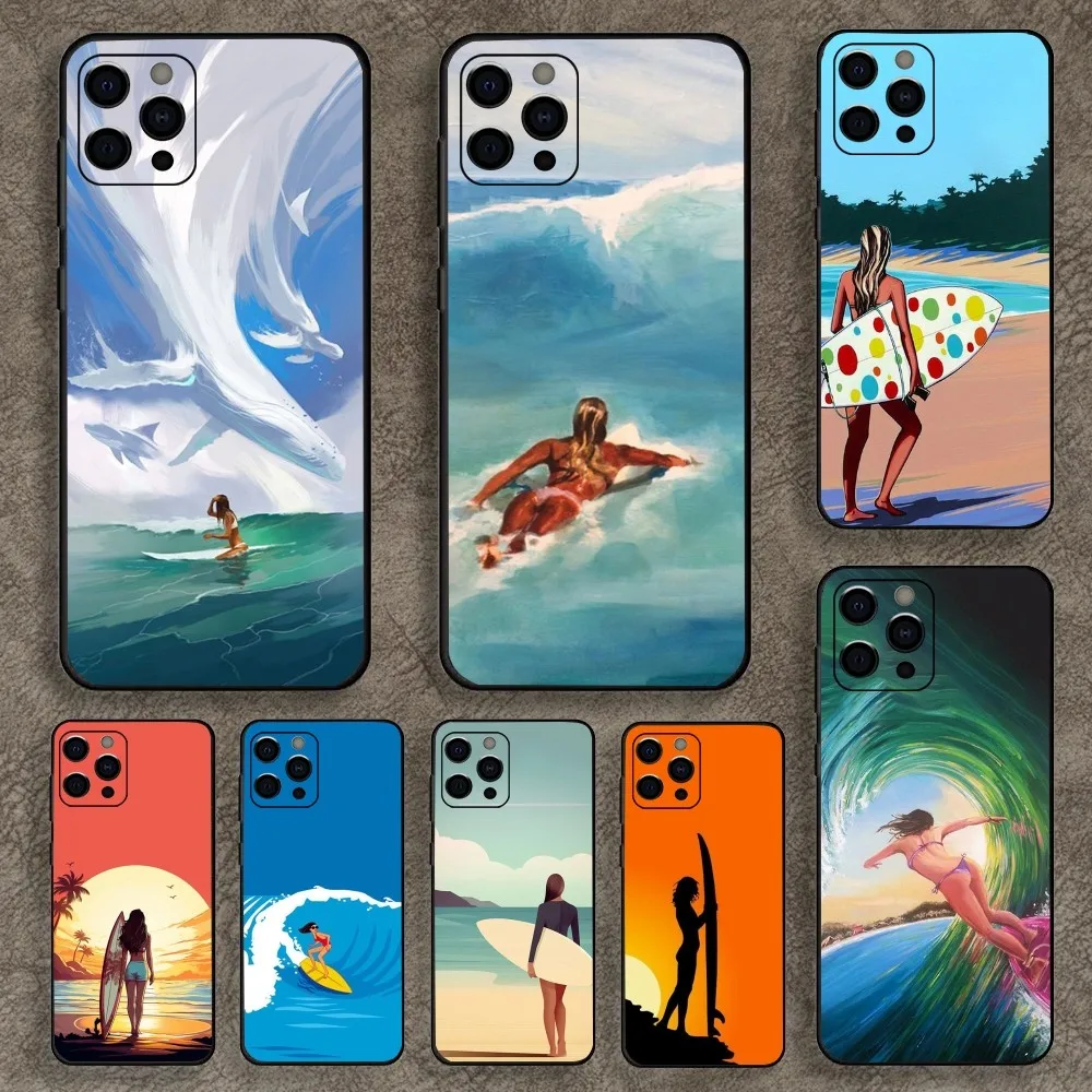 Surfboard Surfing Art Surf Girl  Phone Case For Apple iPhone 15,14,13,12,11,Pro,X,XS,Max,XR,Plus,Mini Soft Black Cover