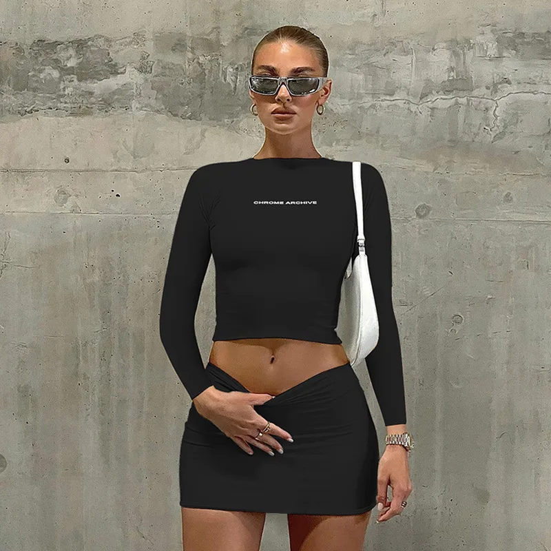 Women Dress Sets Letter Print Turtleneck Short Sleeves Crop Top+Skirts 2Pcs Suit Sexy Slim Streetwear Summer Fashion Outfit