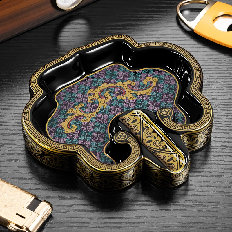 Luxury Ceramic Cigar Ashtray Classical Dragon Pattern Relief Enamel Colors Auspicious Cloud Shape Retro Decorative Ashtray