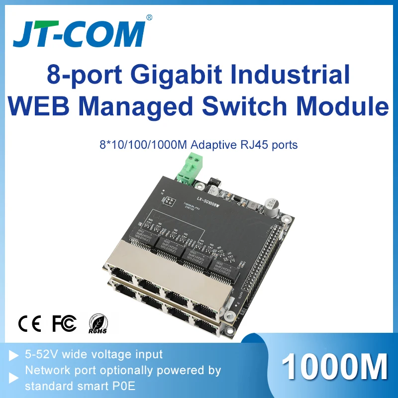 

Industrial 8-Port Gigabit WEB Managed Switch Module, Supports VLAN Isolation, Port Aggregation, WAN Expansion & Loop Prevention