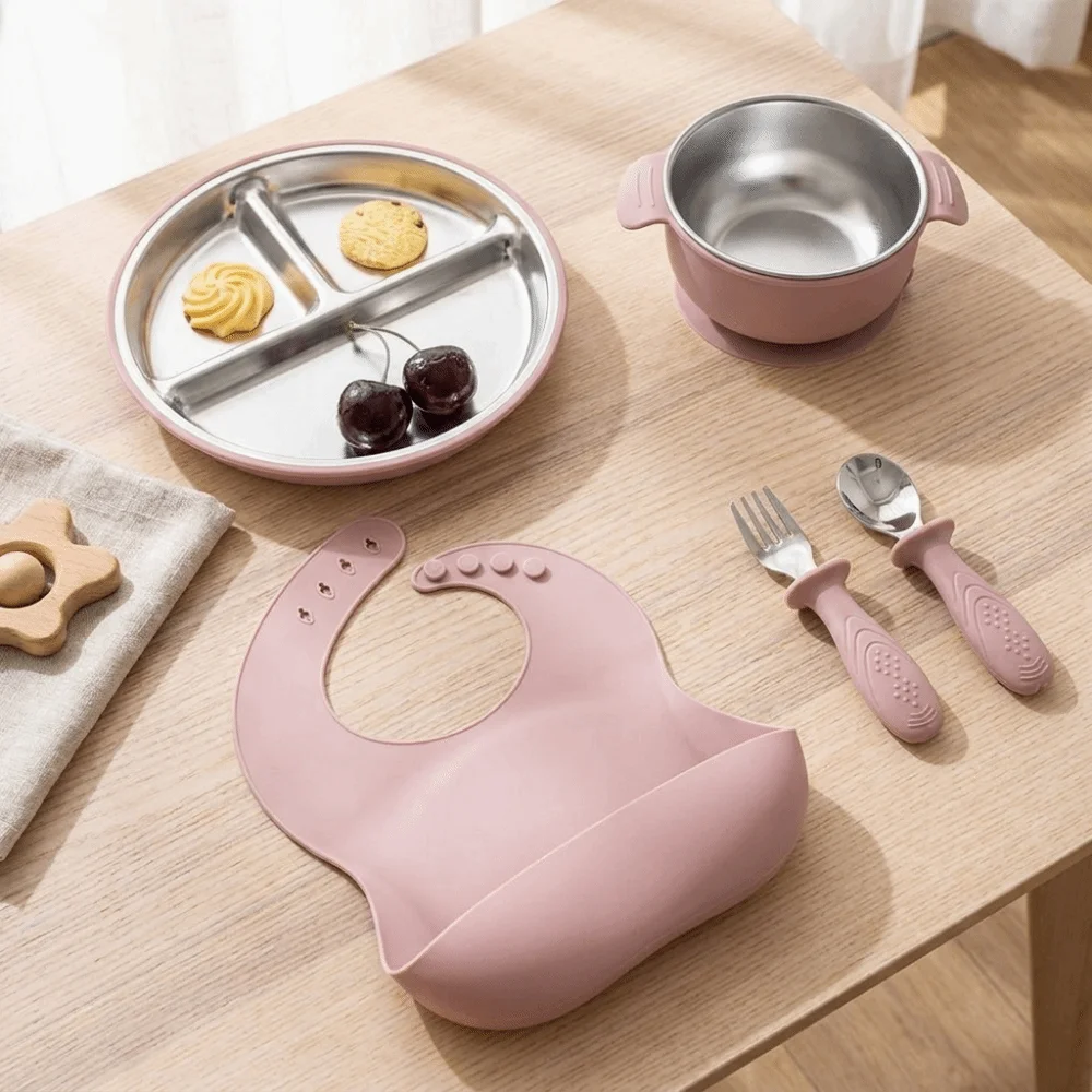 

Compartment Plate Baby Feeding Set Divided Shockproof Children's Tableware Set BPA Free Silicone Stainless Steel Silicone Bowl
