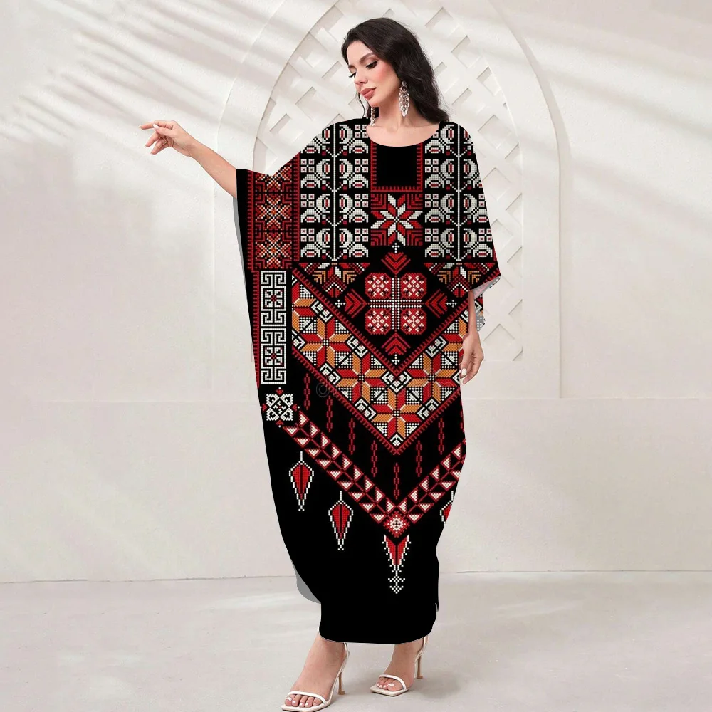 Vintage Ethnic Print Abaya Women Dubai Turkey Batwing Sleeve Kaftan Muslim Dresses Casual Femme Islam Clothing Moroccan Robe