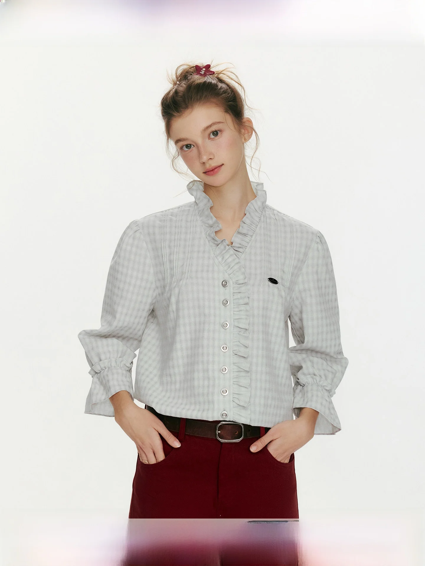 

Loose WhyBerry Women's Shirt with Wood Grain Ruffle V-neck Bubble Sleeve Checkered Bell Bottoms Vintage Style Cotton Blend