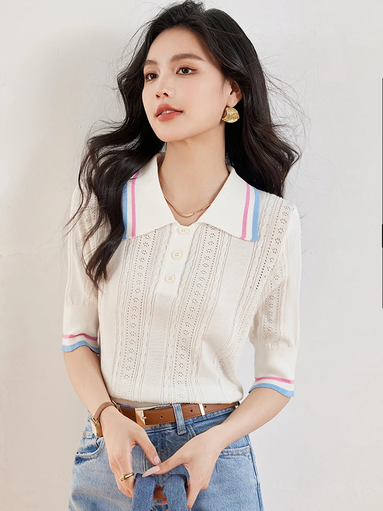 French Design Women\'s Turn-down Collar Knitted T-shirt Elegant Short Sleeve Top Summer New Pullover Sweater Slim Basic Tops