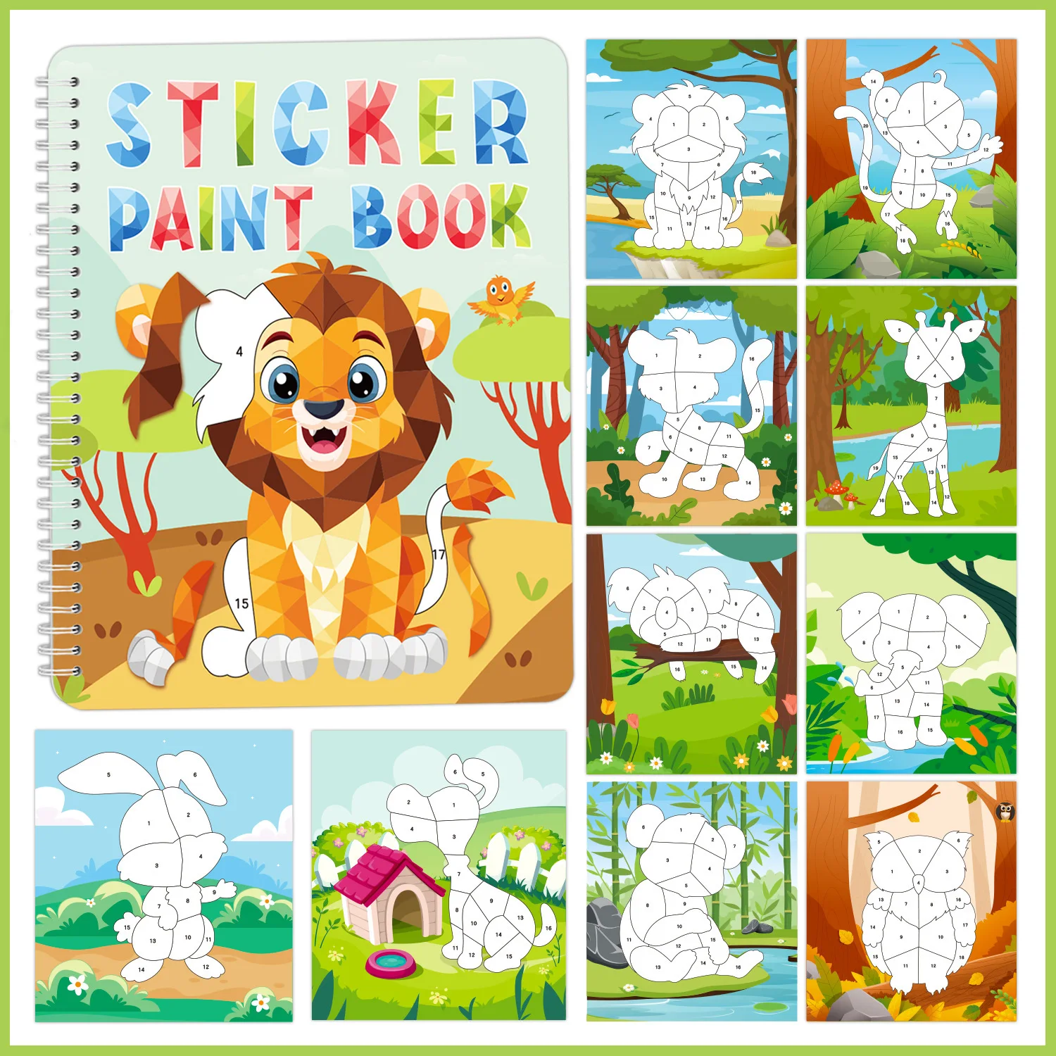 Bview Art Kids DIY Sticker Book: Cartoon Animals, Dinosaurs & Ocean World Theme Paint by Numbers Puzzle Games for Toddlers