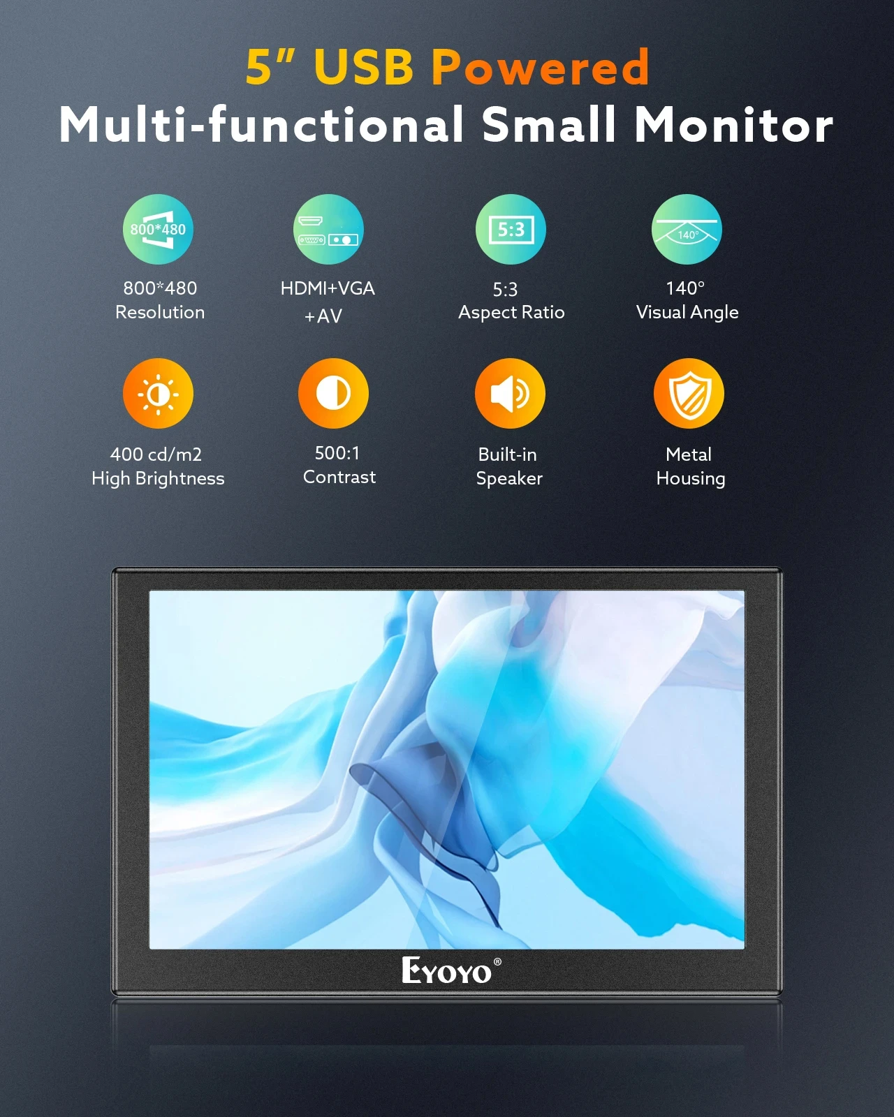 شاشة Eyoyo 5 بوصة HDMI شاشة صغيرة محمولة بدقة 800 × 480 شاشة TFT LED للرؤية الخلفية للسيارة مع مدخل فيديو HD/VGA/AV/USB