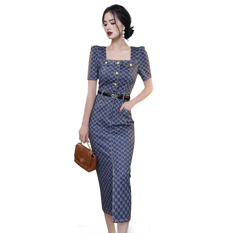 Korean Fashion Summer Short Sleeve Split Temperament Square Collar Midi Length Dress Elegant Woman Party Dresses 2023 with Belt