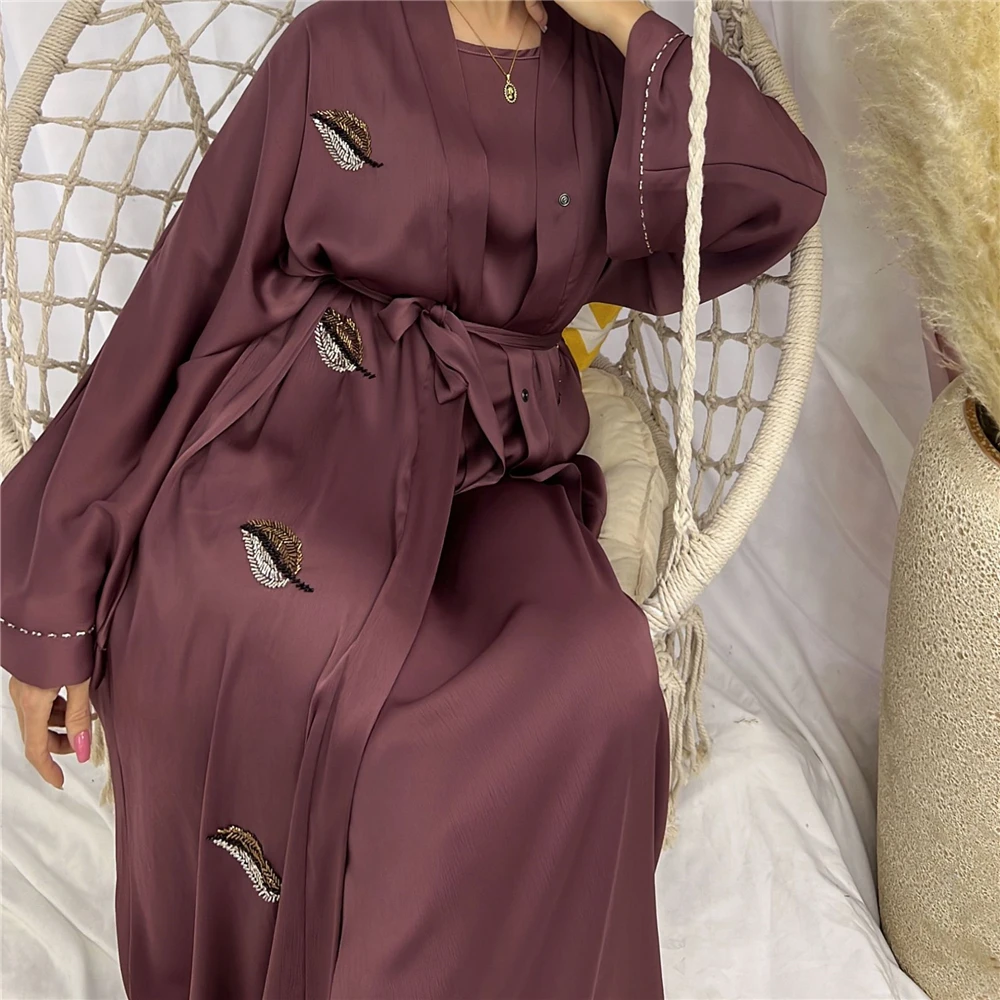 Beaded Open Abaya Dubai Turkey Spring Summer Party Solid Muslim Fashion Hijab Dress Belted Abayas for Women Kimono Islam Kaftan