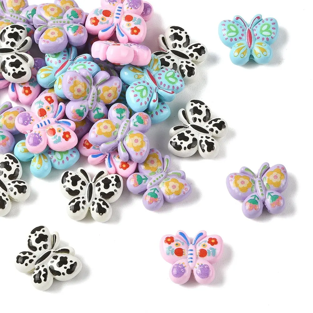 KitBeads 40pcs Multicolor Butterfly Beads Flower Baking Print Acrylic Loose Beads for DIY Jewelry Making Bracelet Necklace Craft