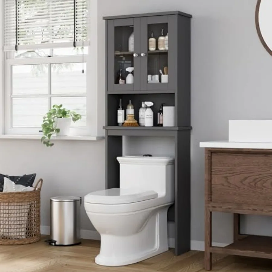 

Over the Toilet Storage Cabinet, Bathroom Shelf Organizer with Anti-Tip Device Small Freestanding Space Saver with Adjustable S