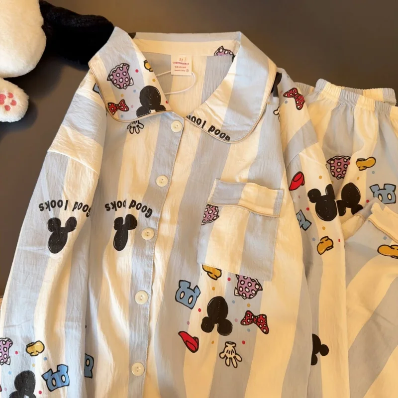 Disney Mickey autumn new cartoon cute blue striped printed pajamas female animation long-sleeved trousers loungewear set