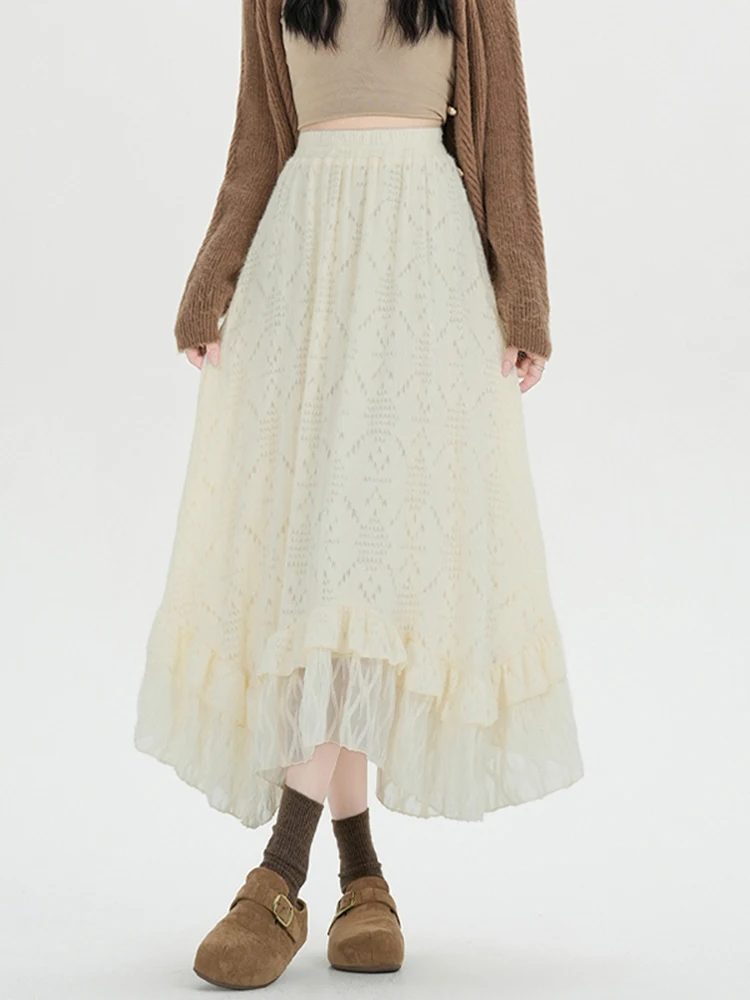 

High Waist A-Line Skirt Women's Lace Thiened f Body Skirts French Sle Ciwalk Asymmetric No Slits Elastic Waist