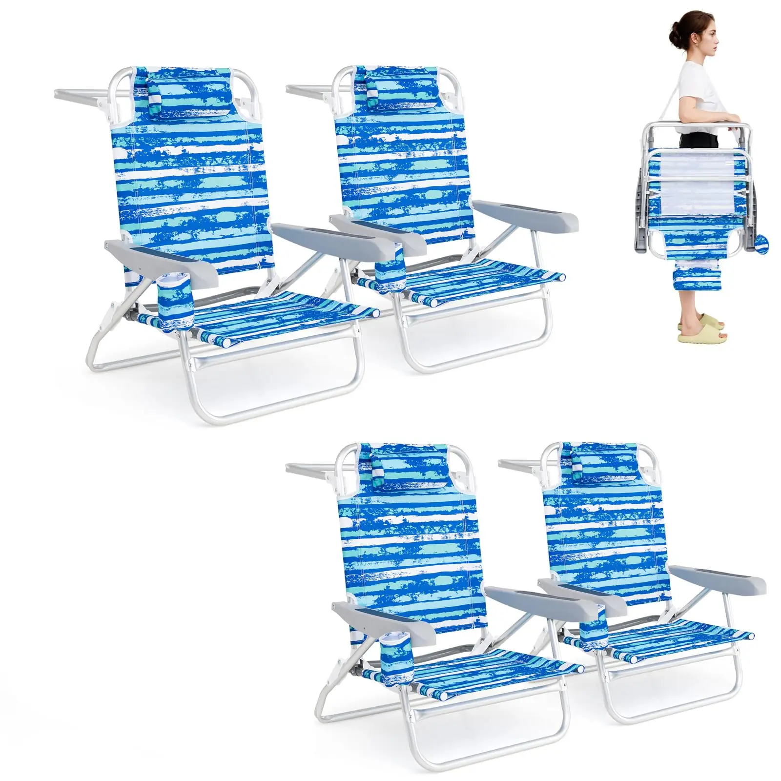 Beach Chairs, 4Pcs Folding Camping Chair with Adjustable Backrest, Shoulder Strap, Cup Holder & Headrest, Portable