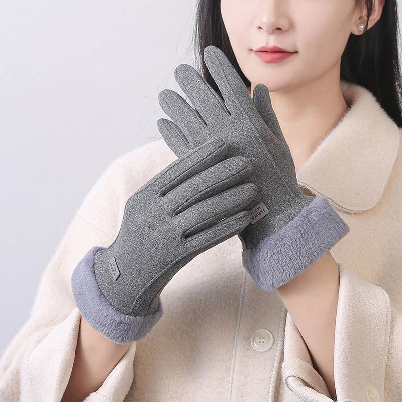 ✰✪Autumn Winter Warm Suede Gloves Plus Velvet Thickened Plush Decor Cuff Gloves Outdoor Coldproof Touchscreen Riding Ski Gloves
