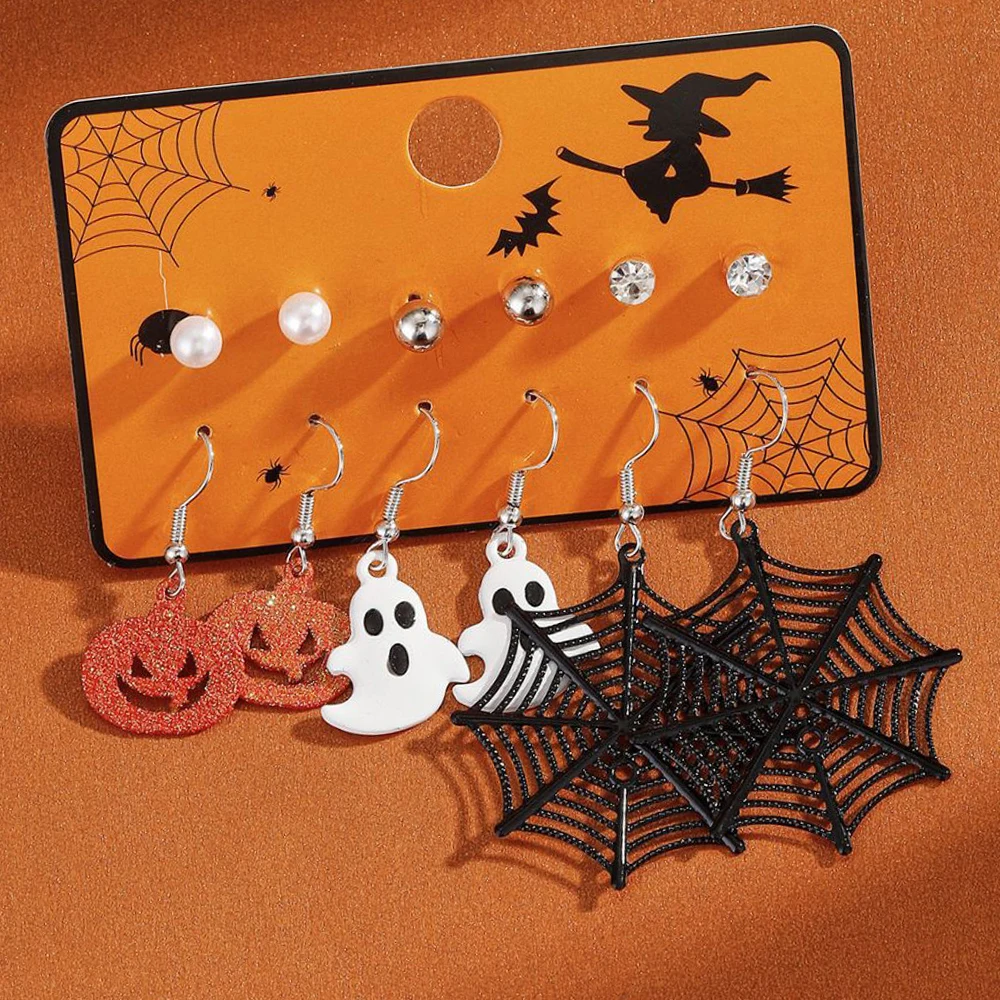 New Halloween Earrings Set Cartoon Funny Fashion Pumpkin Fooling Around Spider Web Pearl Design Women Jewelry Cosplay Accessory