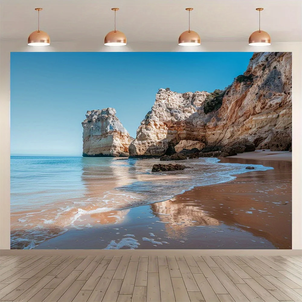 2D плоский баннер, 1 шт. Приморский пейзажный фон - пляжные скалы, горы, морской пейзаж, баннер