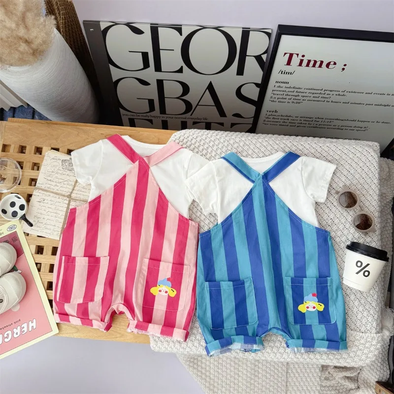 ZOETOPKID Summer Denim Stripe Baby Rompers Overalls and White T-shirt Infant Boys Girls Suspender Jumpsuit Casual Baby Clothes