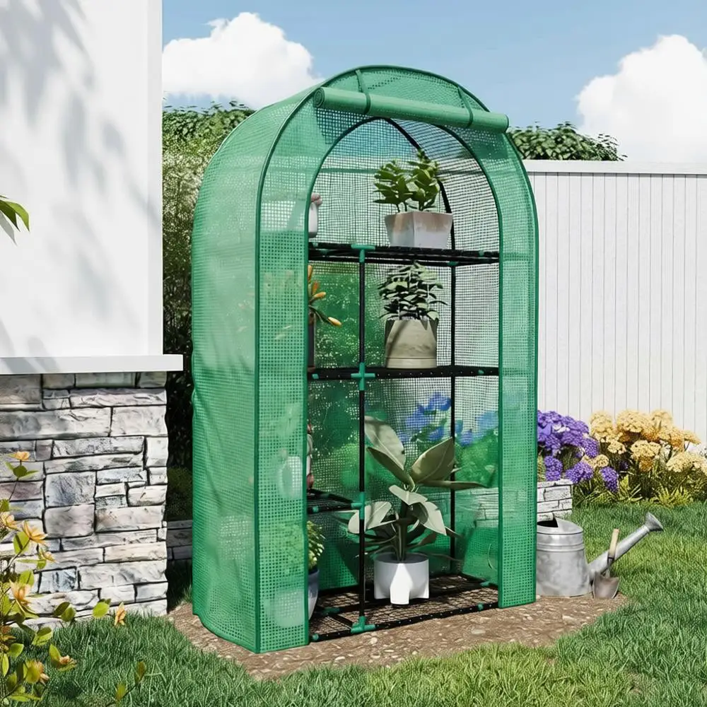

4-Tier Mini Greenhouse, 40x18x63 inch Steel Frame, PE Cover, Plastic Plant Rack, Repotting Mat, Indoor & Outdoor Use, Clear and