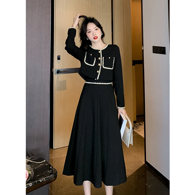 

Korea Black Women Matching Set French Retro Button Cardigan Jacket + Midi Skirt Fashion OL Patchwork 2PC Set Office Lady Outfits