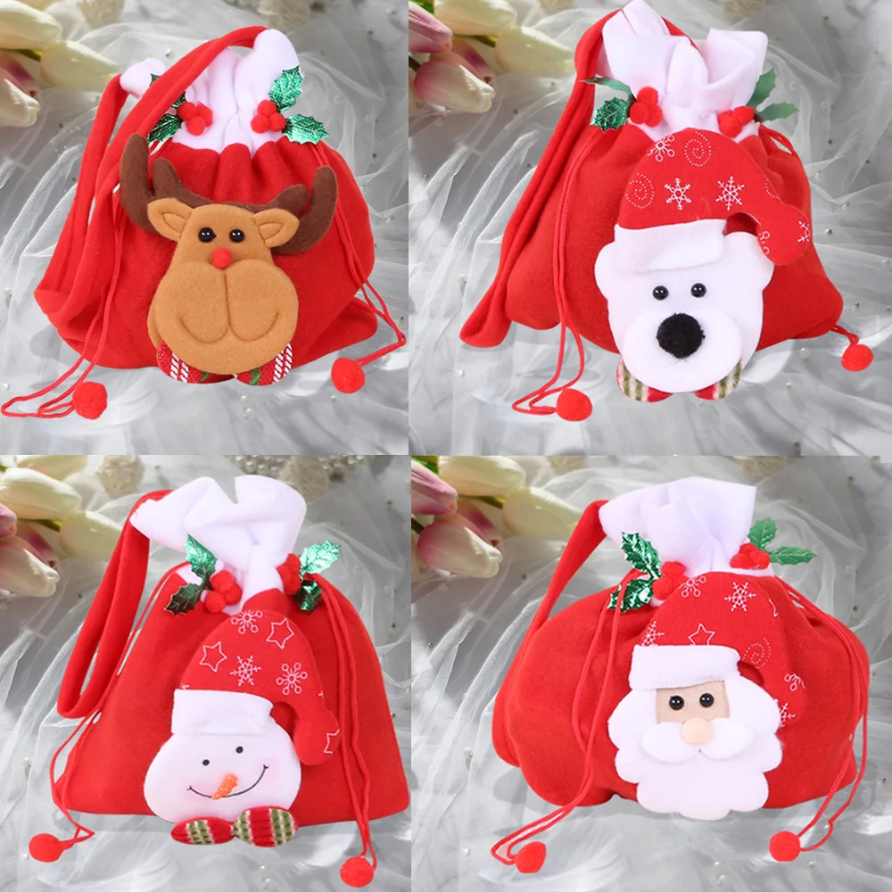 Santa Snowman Drawstring Gift Bags Christmas Candy Apple Pouches Reusable Fabric Holiday Party Favor Decorations 10-Pack
