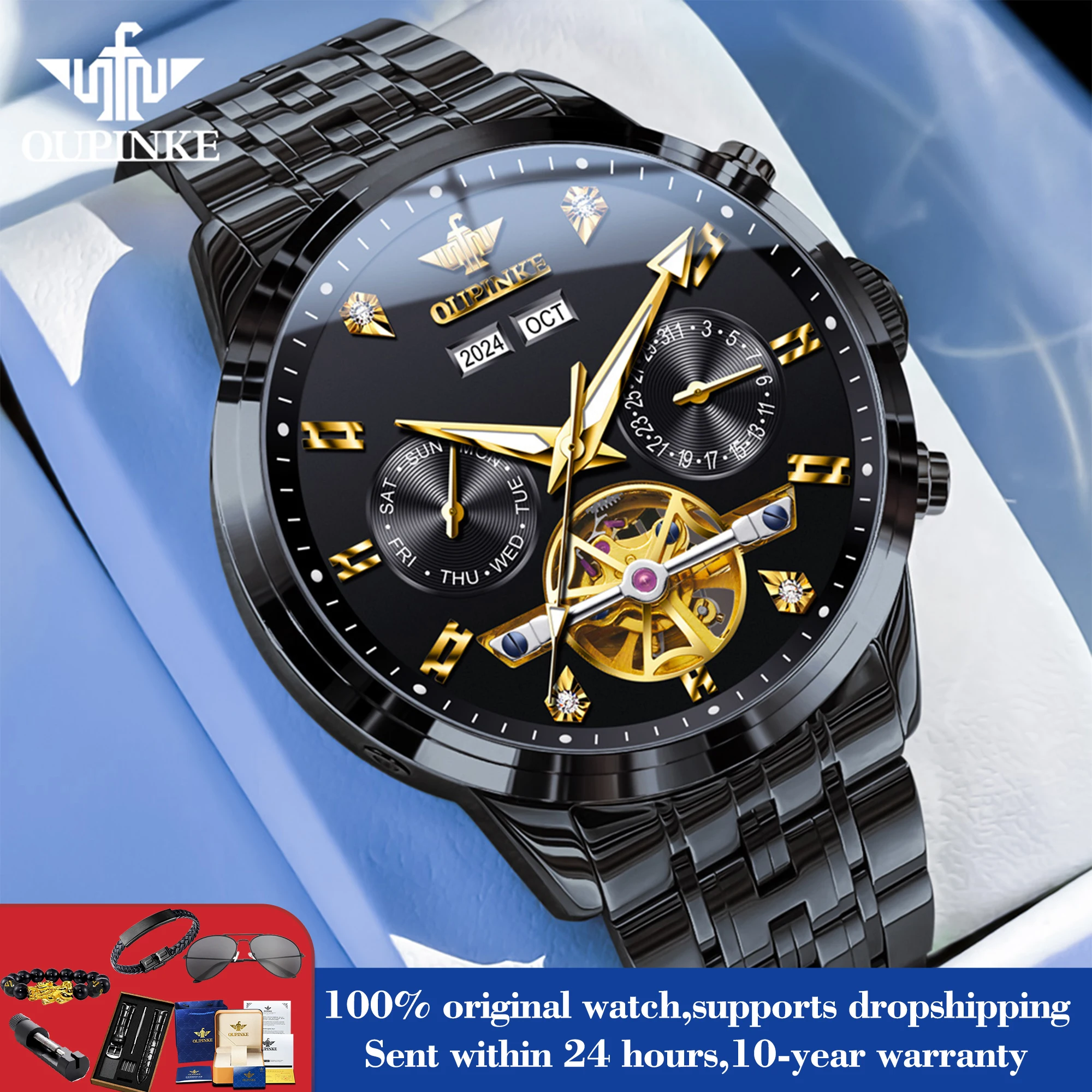 

OUPINKE 3248 мужские часы модные полые скелетоны с автоматической датой механические часы для мужчин стальной ремешок роскошные глубокие водонепроницаемые ручные часы