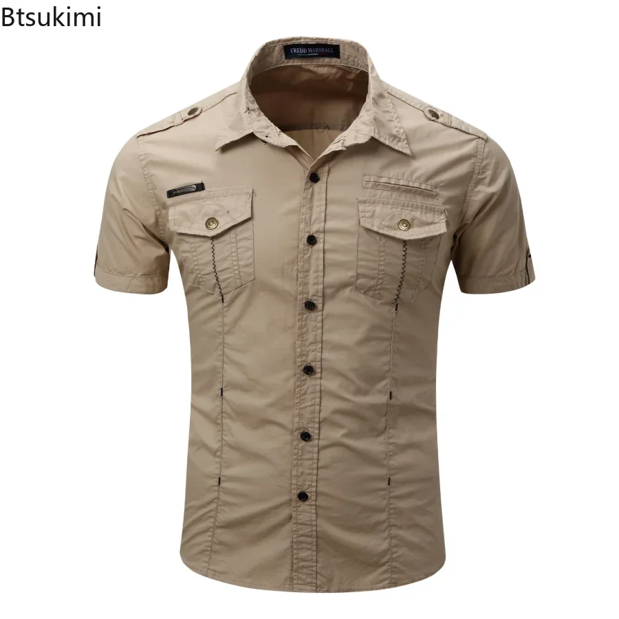 2025 Outdoor Men's Clothing Summer Short-sleeved Tactical Military Tooling Shirts Breathable Cotton Solid Casual Work Tops Male