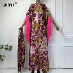 WINYI boho nadruk afrykańskie świąteczne frędzle długa sukienka dubajska muzułmańska Dashiki Kaftan z paskiem na Bliskim Wschodzie sukienka imprezowa فساتين طويلة