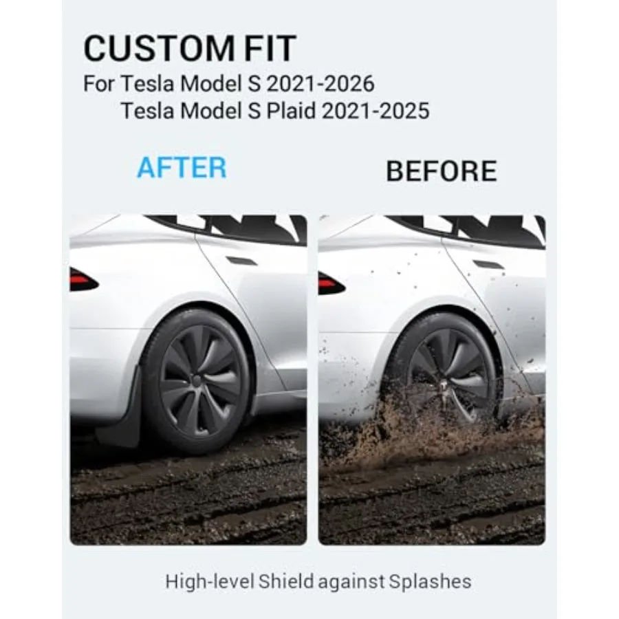 Mud Flaps for 2021-2026 Model S 2021-2025 Model S Plaid Splash Guards [No Drilling No Tape] TPE Mudguards All Weather Mudflaps