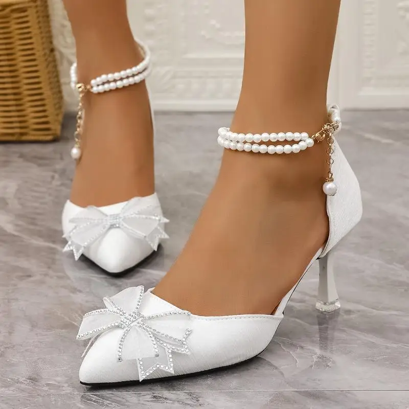Pearl Chain Ankle Strap Shoes Elegant Women Summer Bowknot Decoration Pointed Toe High Heel Pumps Fashion Wedding Banquet Shoes