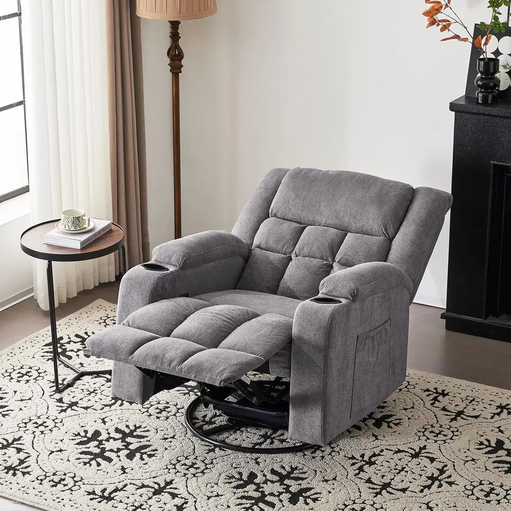 كرسي هزاز دوار من الشنيل الرمادي مع تدليك وحرارة لمساحات المعيشة