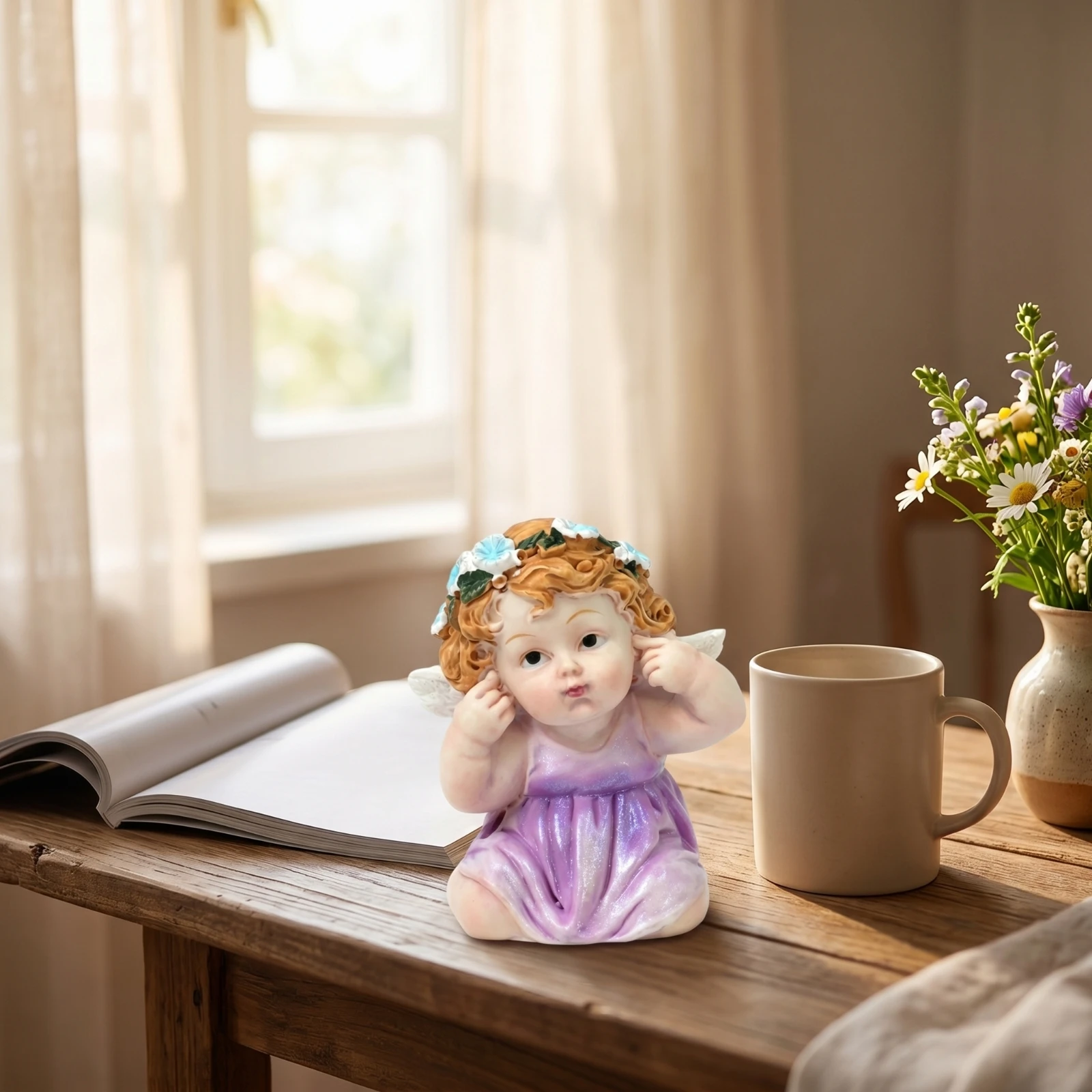 Angel Figurine Resin Angel Statue Cherub Figurine Miniature Ornament Glossy for Collectors, Fairy Garden, Desk