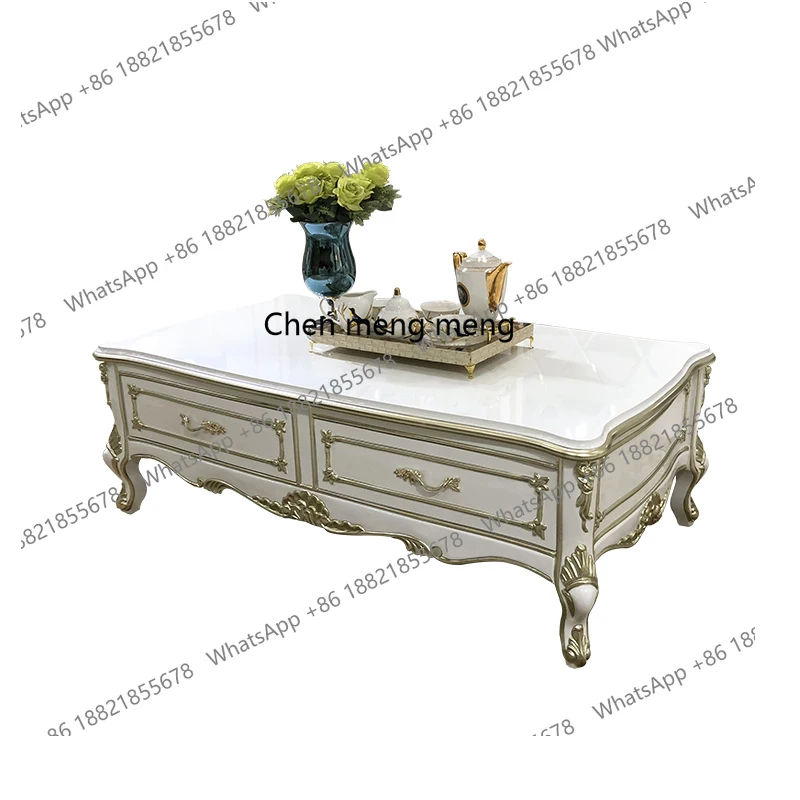

French solid wood large coffee table, European luxury carved rectangular tea table small apartment tea table