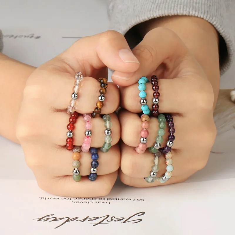 

Amethyst Gem Beads Rings Eelastic String Adjustable Women Gift Black Crystal Stone Handmade Beaded Jewelry Finger Ring for Men