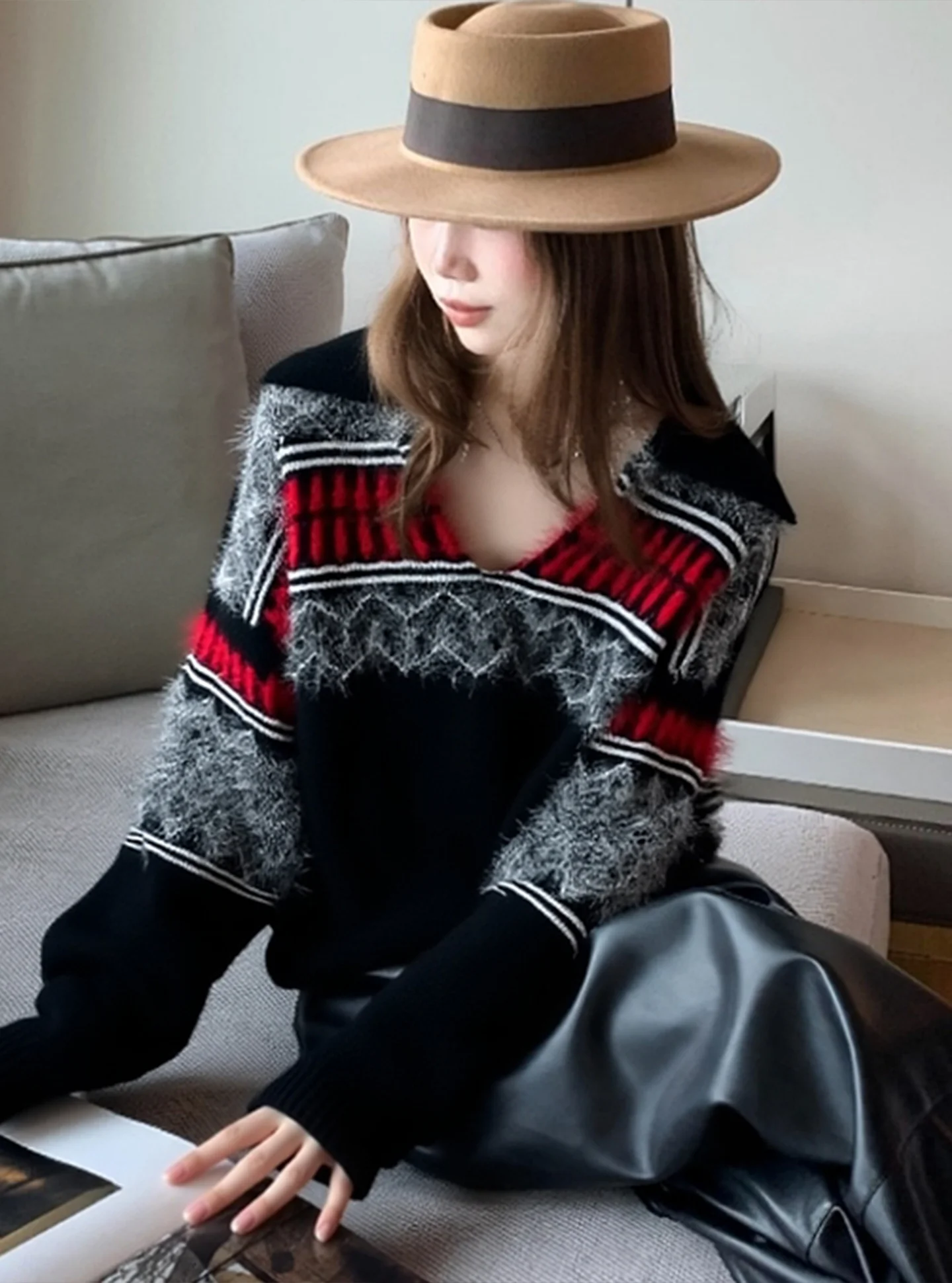 

Faionable Bla Fair Isle свитер Top Ele Personali с уникальным большим узором, весенне-осенний женский трикотаж для поездок на работу