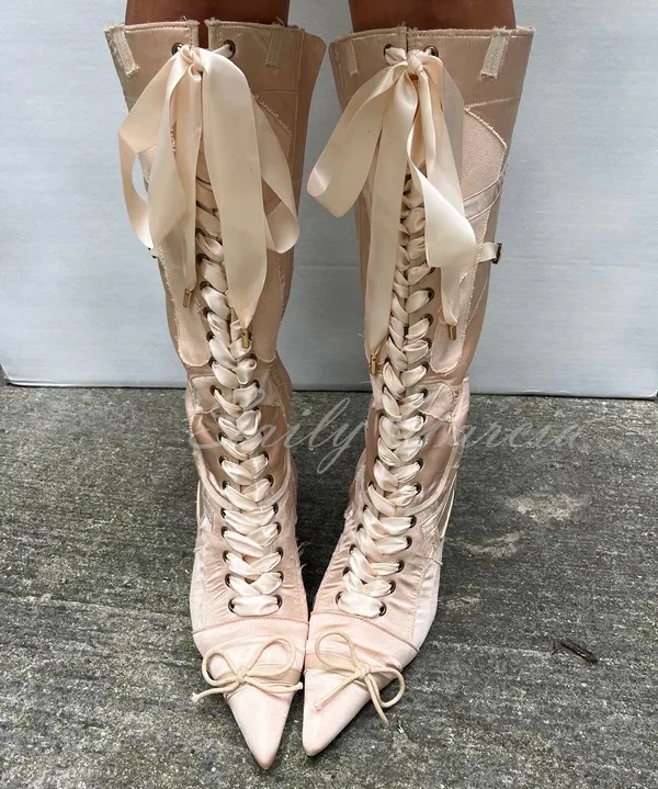 

Nude and Pink Satin Satin Patchwork Boot Pointy Toe Bow Stiletto Heel Lace Up Girl Ballet Knee High Boot Black Dance Shoes