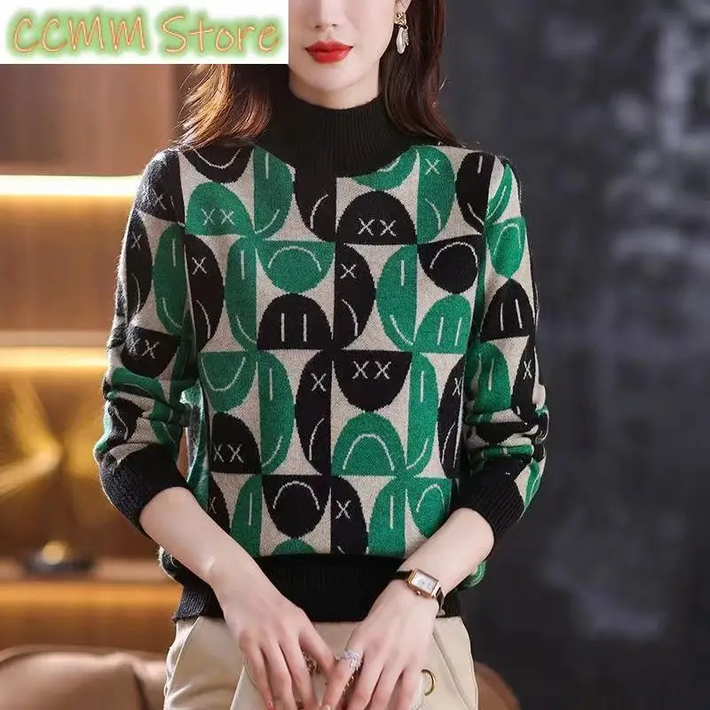 New Korean Autumn Winter Plush Thickened Half High Neck Sweater Women's Print Screw Thread Patchwork Long Sleeved Warm Knit Top