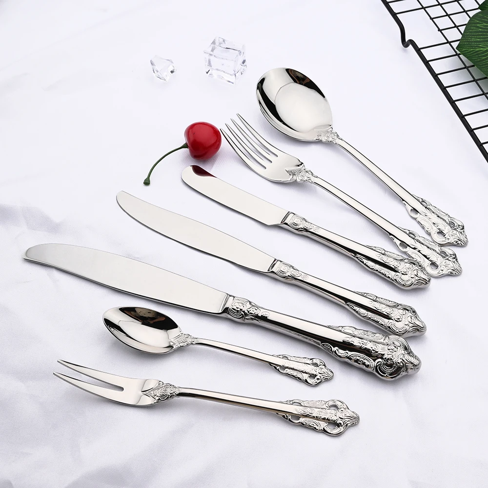 6Pcs Luxury Silver Dinner Set Vintage Western Stainless Steel Cutlery Sets Wedding Engraving Tableware Knife Fork Spoon Teapoon