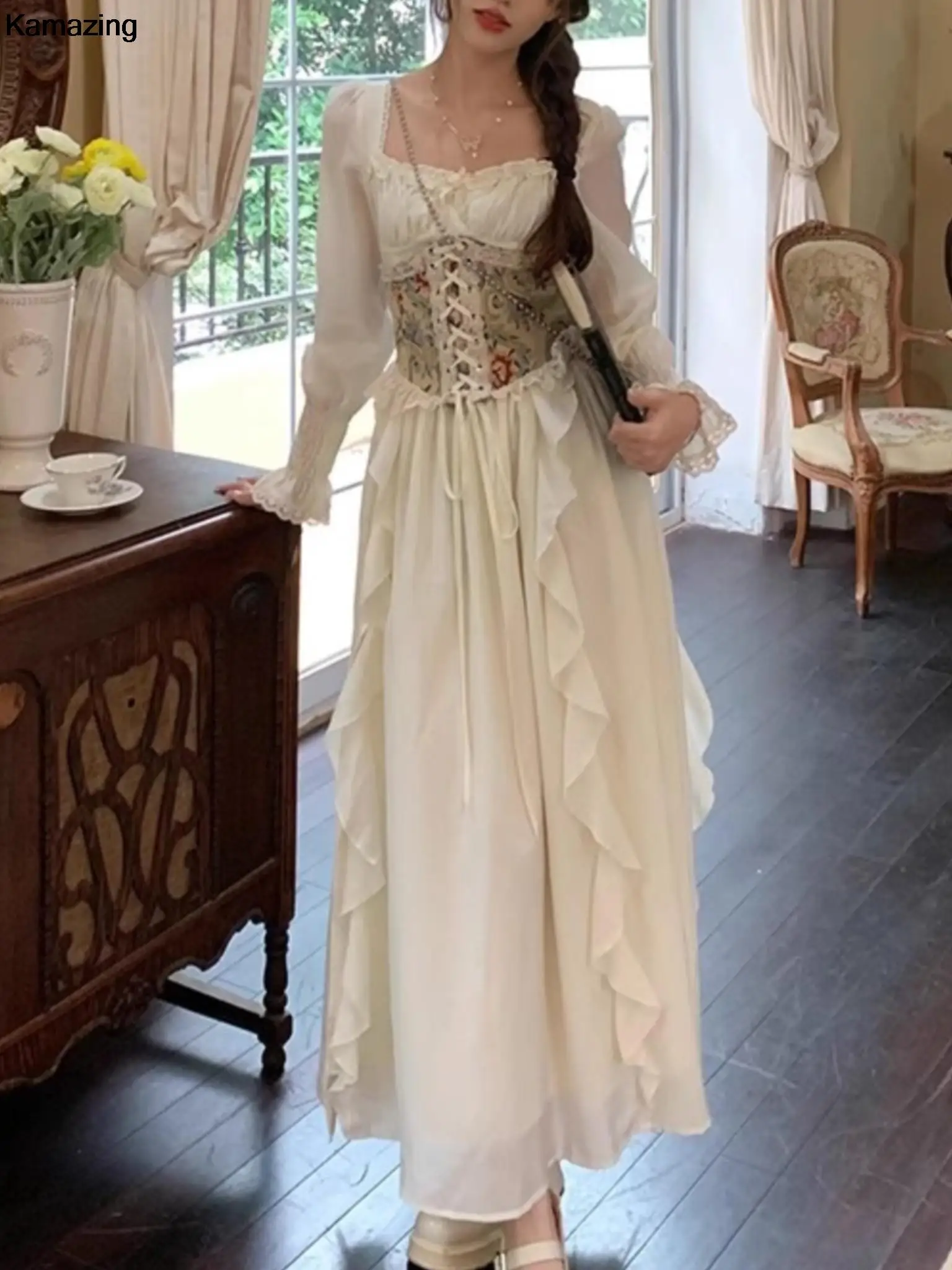 Vintage European corsetto Midi Dress francese elegante colletto quadrato lanterna manica principessa abiti donna primavera autunno abbigliamento