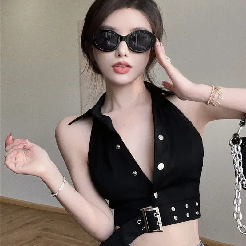 

Golf Women Cropped Vests Trends Tank Tops Metal Buckle Woman Clothing Black Waistcoat Backless Slim Waistband Sexy Chic Y2K