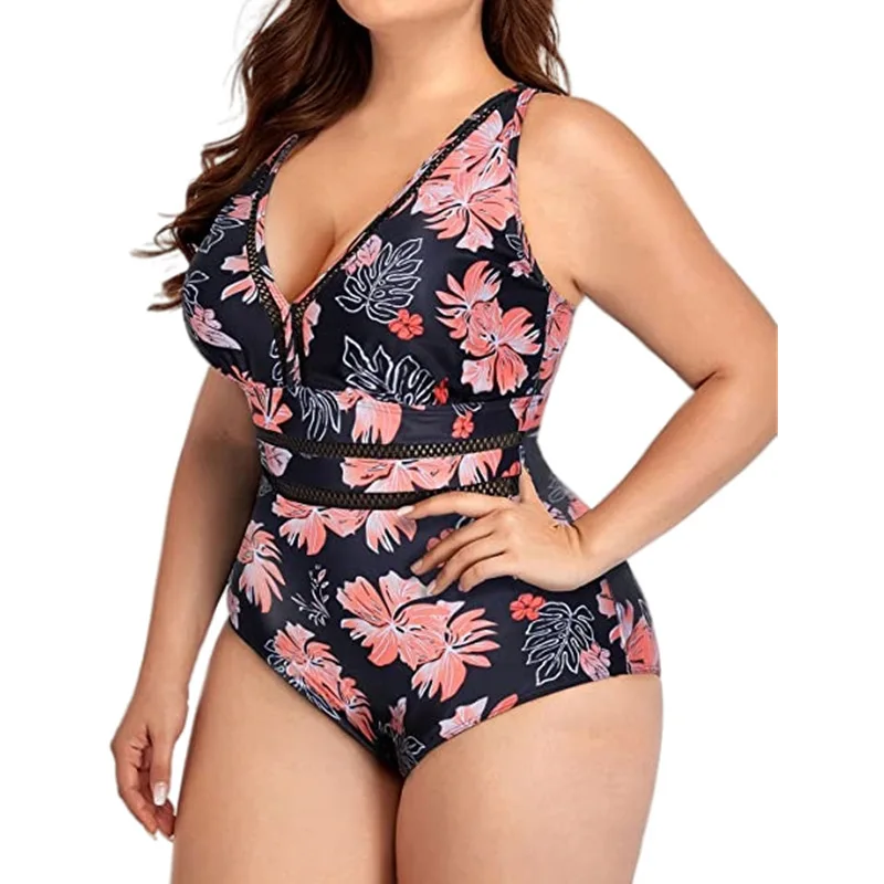 Plus Size V Neck One Piece Swimsuit Tropical Floral Print Mesh Panel Tummy Control Bathing Suit, Curvy Swimwear for Brazil Beach