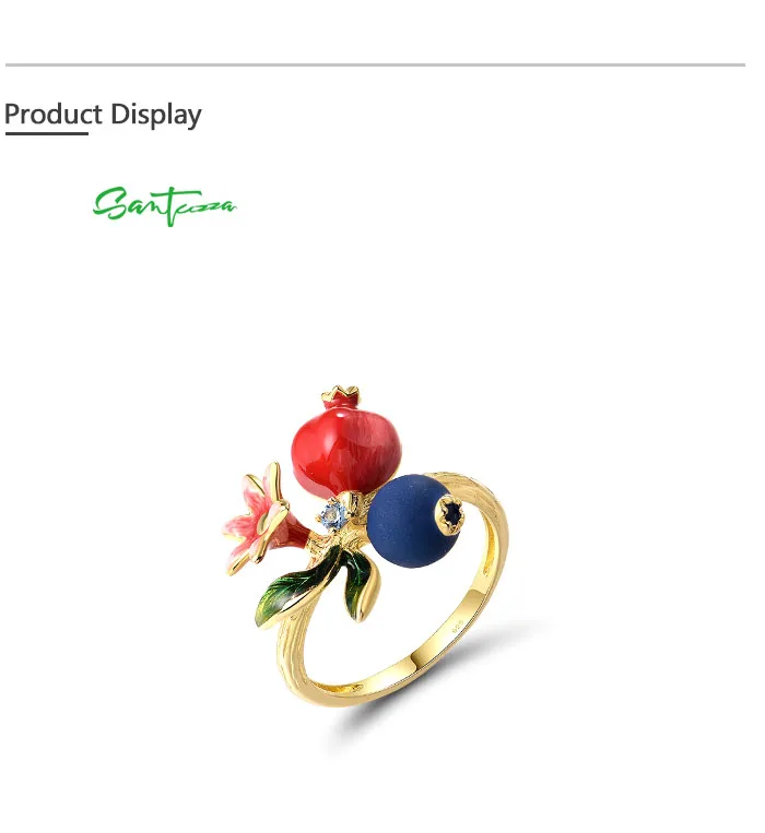 SANTUZZA Authentische 925 Sterling Silber Ringe für Frauen, Niedliche Blaubeeren & Granatapfel Emaille Früchte, Zarte Blumen, Edle Schmuckstücke – Detail 7
