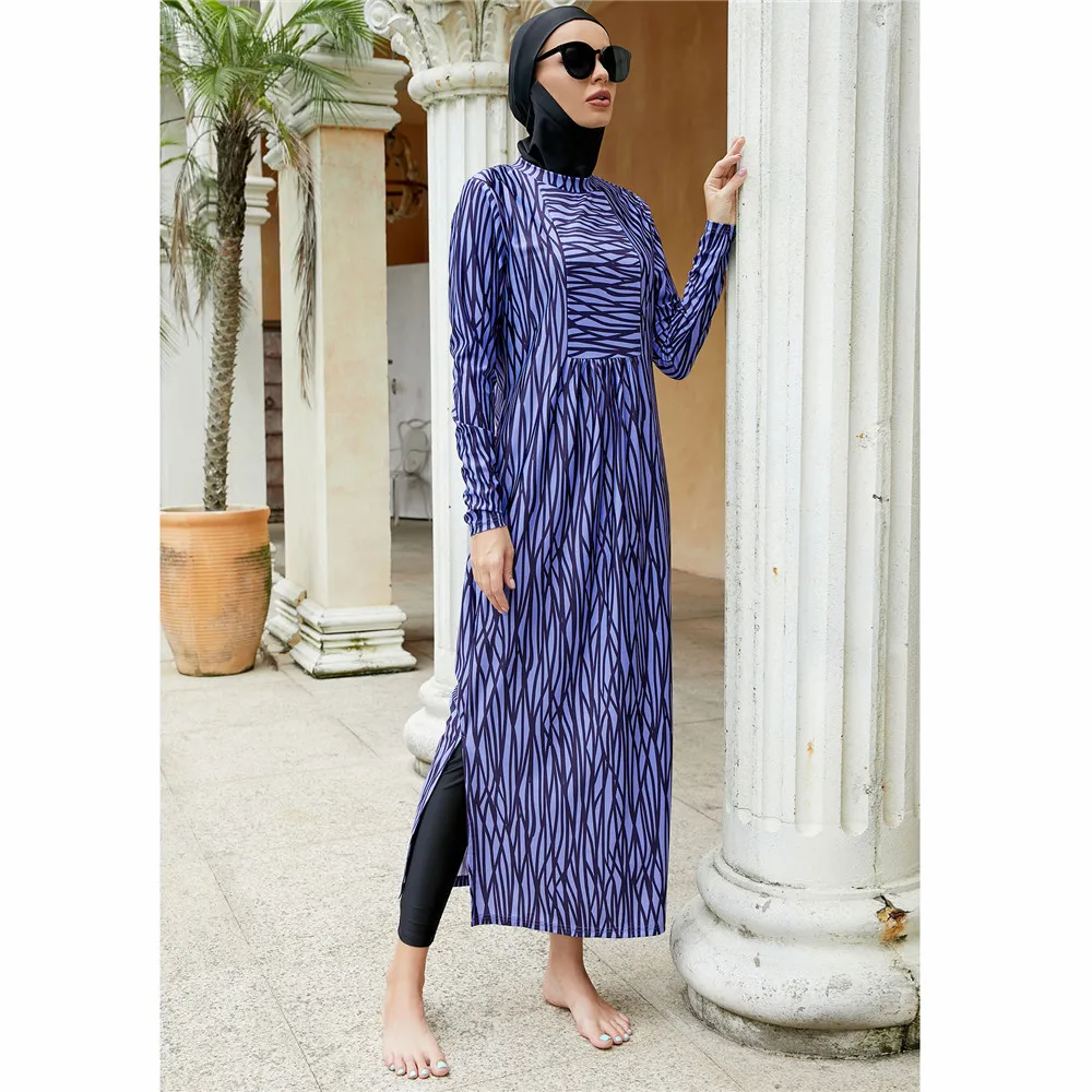 Full Cover Muslim Women Swimsuits Islamic Swimwear Modest 3 Pieces Suits Long Sleeve Stripes Print Burkinis Long Tops Pants Cap