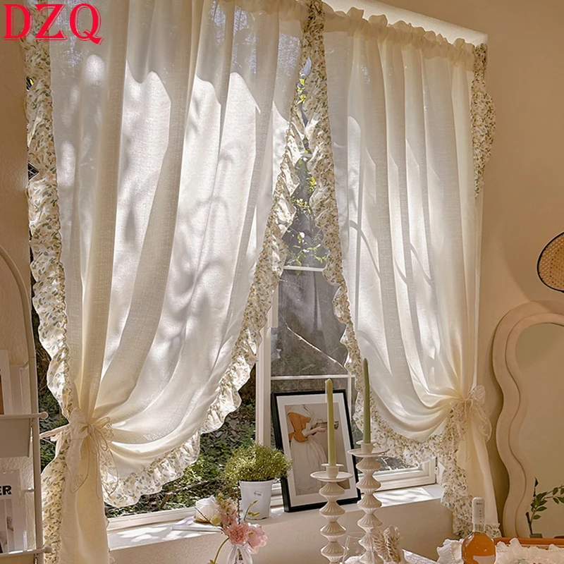 

Idyllic French Rural Door Curtains Tulle for Living Room Lace Warp Ruffled Curtains Yarn for Kitchen #A438