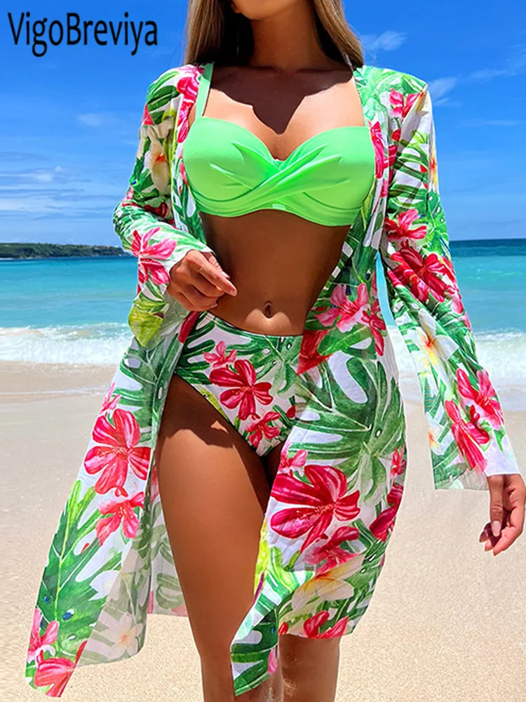 VigoBreviya Sexy Print 3 Piece Mesh Smock Bikini Set Swimwear Women 2025 Strapped Push UP Swimsuit Summer Beach Bathing Suit