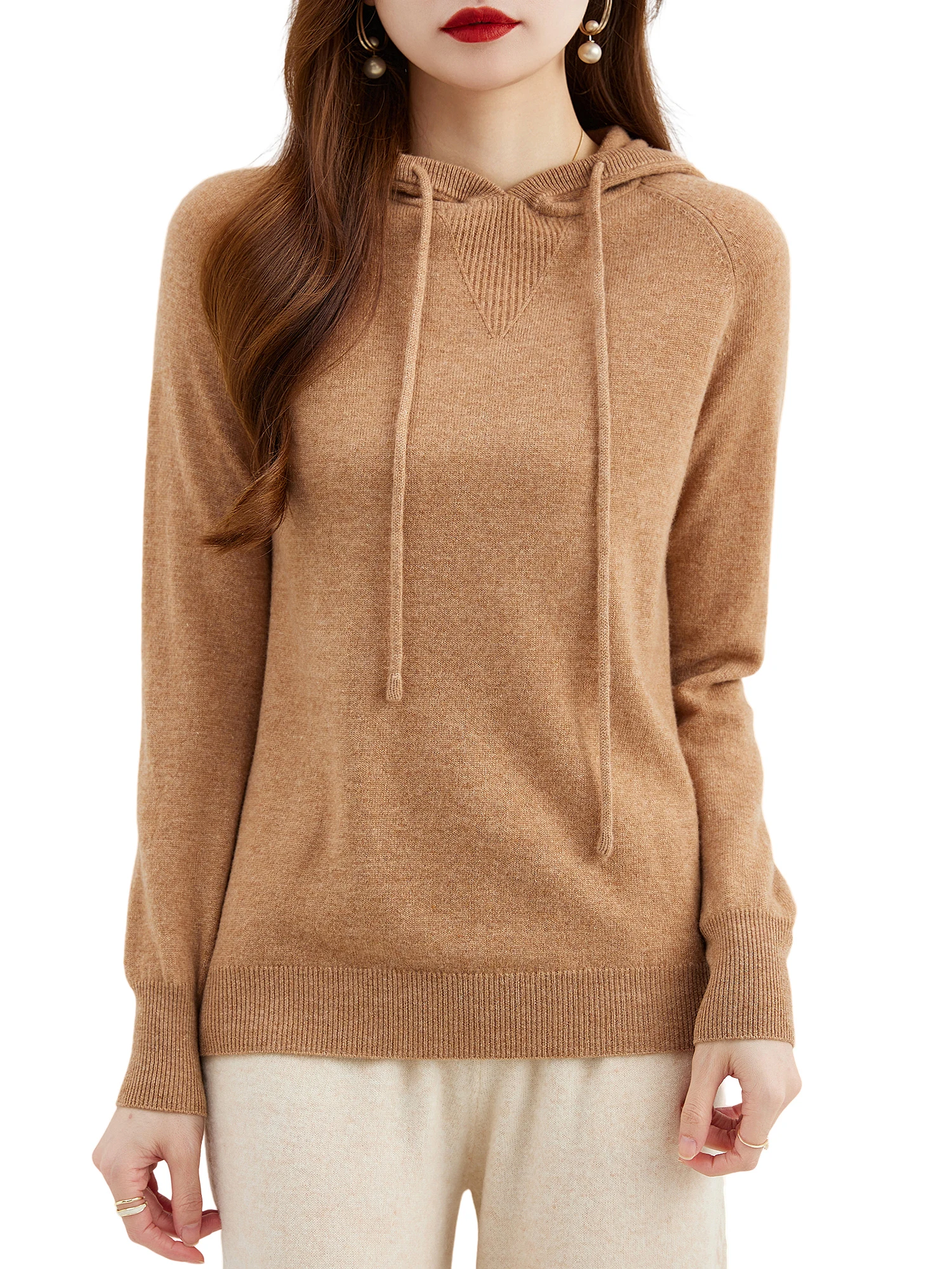 Suéter de manga comprida feminino 100% lã merino, moletom com capuz, tops quentes, pulôver de malha, roupa feminina, outono, inverno, 2023