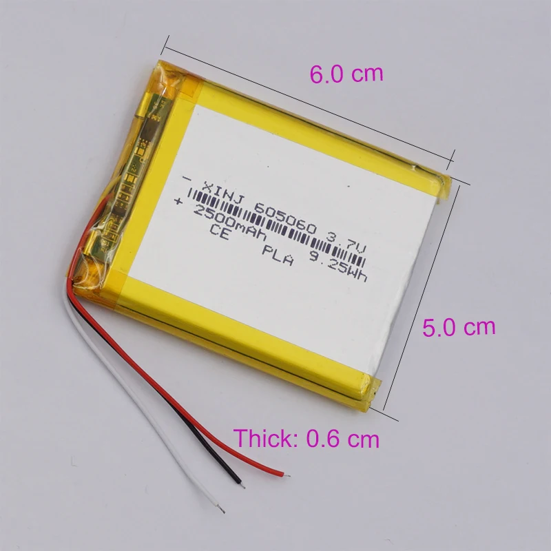 3.7V 2500mAh Rechargeable 3 Wires NTC Thermistor Polymer Li Battery 605060 For GPS Sat Nav Bluetooth Speaker LED Light DashCam